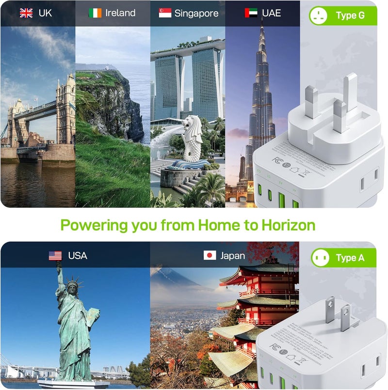 EPICKA Hybrid Travel Plug Adapter, 2 Packs Foldable & Detachable Type G (UK) VisaPlug, 8-in-1 International Power Adapter with 4 USB Ports (2 USB-C PD 20W), Travel Essentials for US to England - Image 4